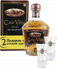 Текила Casa Vieja Anejo (Extra Aged) gift box with 2 glasses